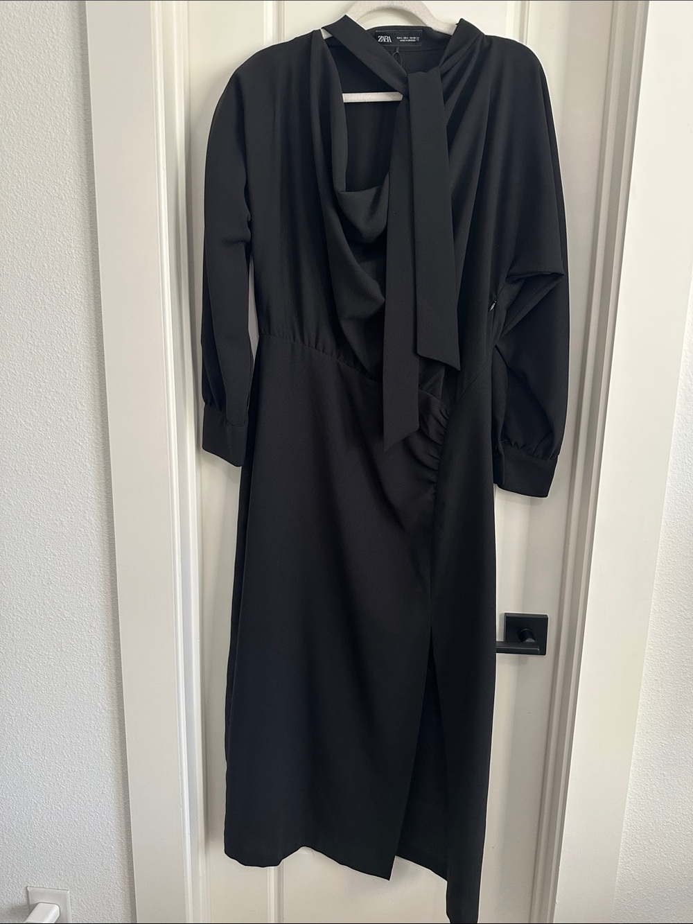 Zara Black Long Sleeve Tie-Neck Midi Dress with Front Slit
